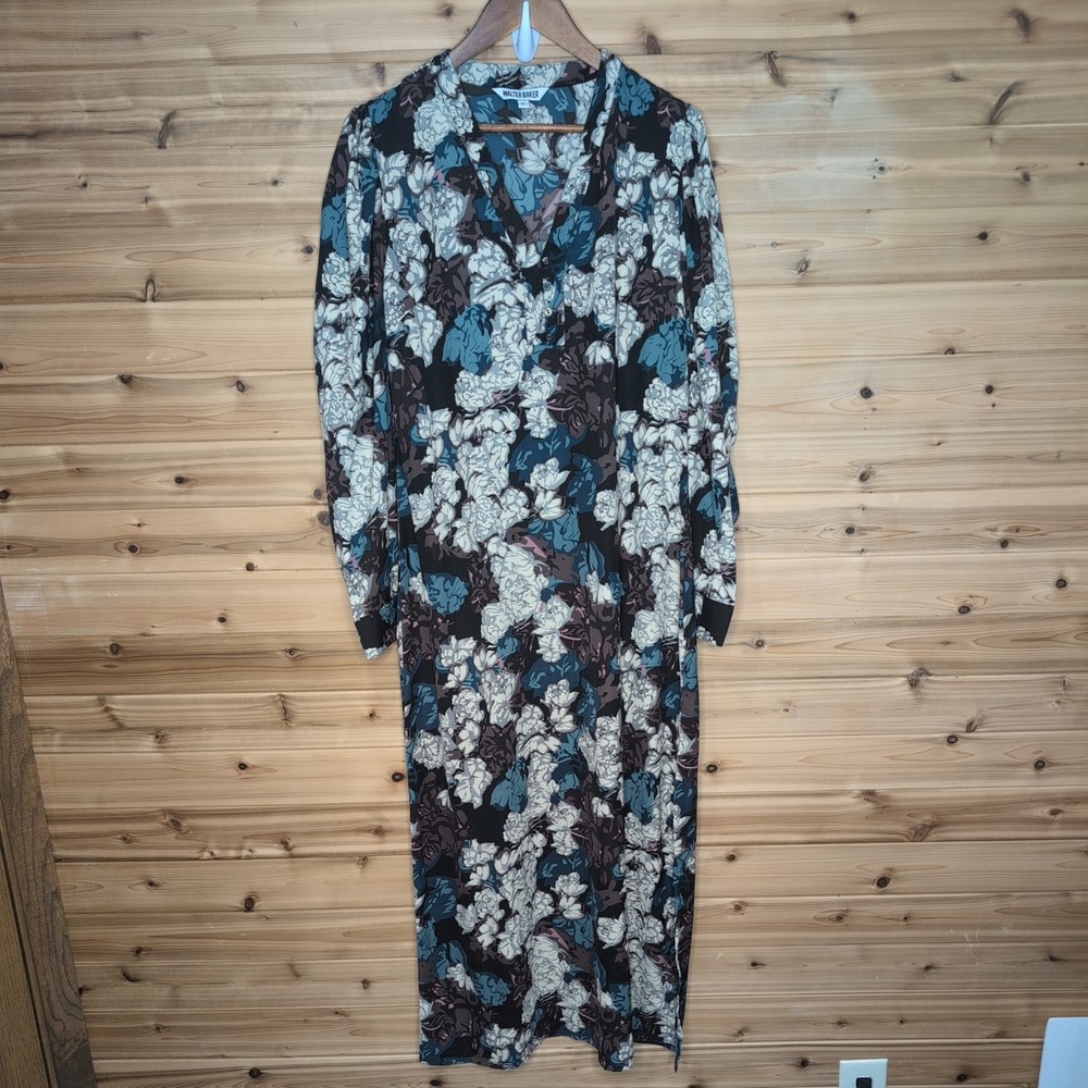 Walter Baker Floral Maxi Dress Long‎ Sleeve V-Neck Black Blue Brown  XL